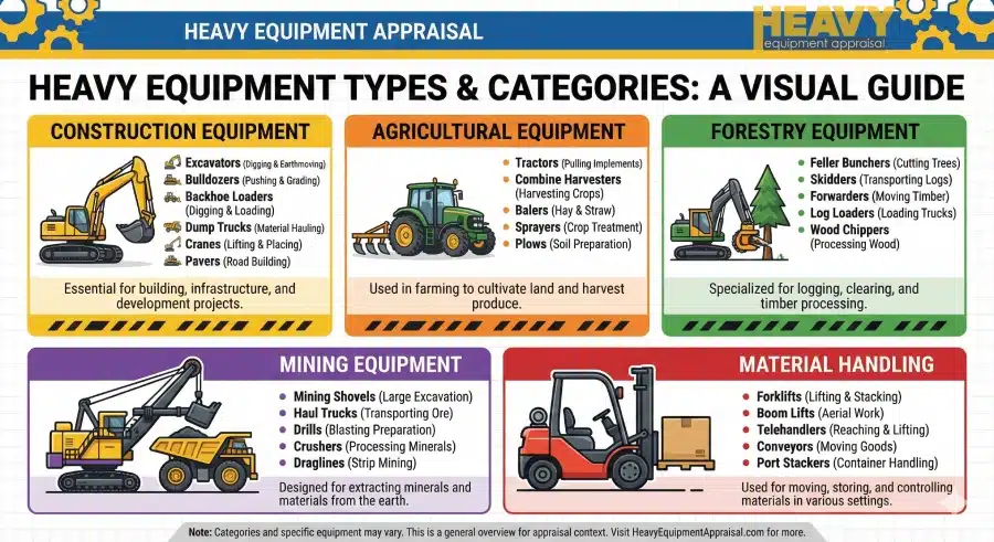 Infographic by HeavyEquipmentAppraisal.com titled 'Heavy Equipment Types & Categories: A Visual Guide' illustrating machinery across five main sectors: Construction, Agricultural, Forestry, Mining, and Material Handling.