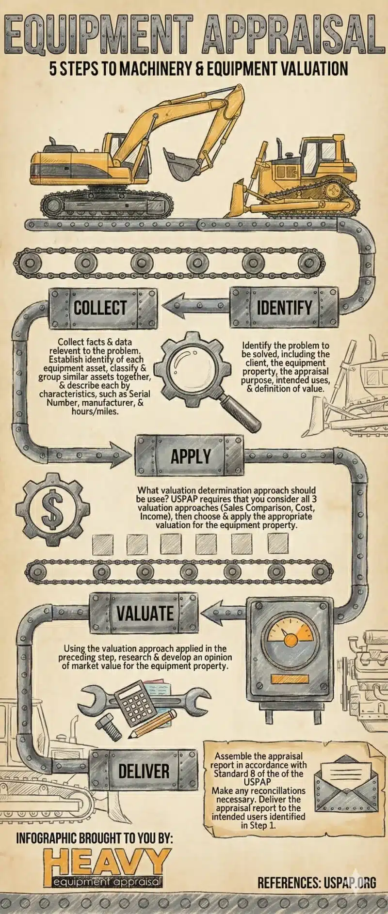 Heavy Equipment Appraisal 101 infographic showing the five-step process we use to value machinery and heavy equipment.