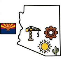 A regional appraisal map of Arizona illustrating key equipment value drivers including high heat desert depreciation, Phoenix area commercial construction, and regional mining operations.