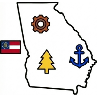 A regional appraisal map of Georgia illustrating key equipment value drivers including the Port of Savannah maritime hub, the central forestry and agriculture sector, and Atlanta's heavy construction industry.