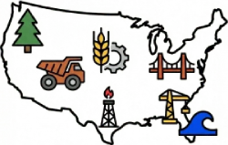 A geographic coverage map of the United States featuring regional heavy equipment value indicators including forestry in the Northwest, mining in the Rockies, and maritime construction in the Southeast.