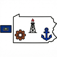 A regional appraisal map of Pennsylvania illustrating key equipment value drivers including the Marcellus Shale natural gas sector, Port of Philadelphia maritime logistics, and industrial maintenance factors within the rust belt.