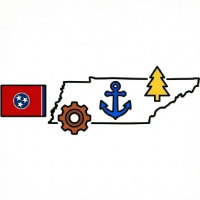 A regional appraisal map of Tennessee illustrating key equipment value drivers including Mississippi River barge logistics, the East Tennessee forestry sector, and industrial manufacturing depreciation.