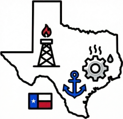 Regional equipment appraisal map of Texas featuring market value drivers for the oil and gas industry, maritime port logistics in Houston, and extreme heat mechanical cost centers.