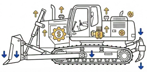 Technical diagram illustrating bulldozer appraisal factors: blue arrows indicate high-depreciation cost centers like the undercarriage, blade, and ripper wear parts, while yellow arrows denote key value retention drivers in the powertrain and hydraulic systems for residual value assessment.