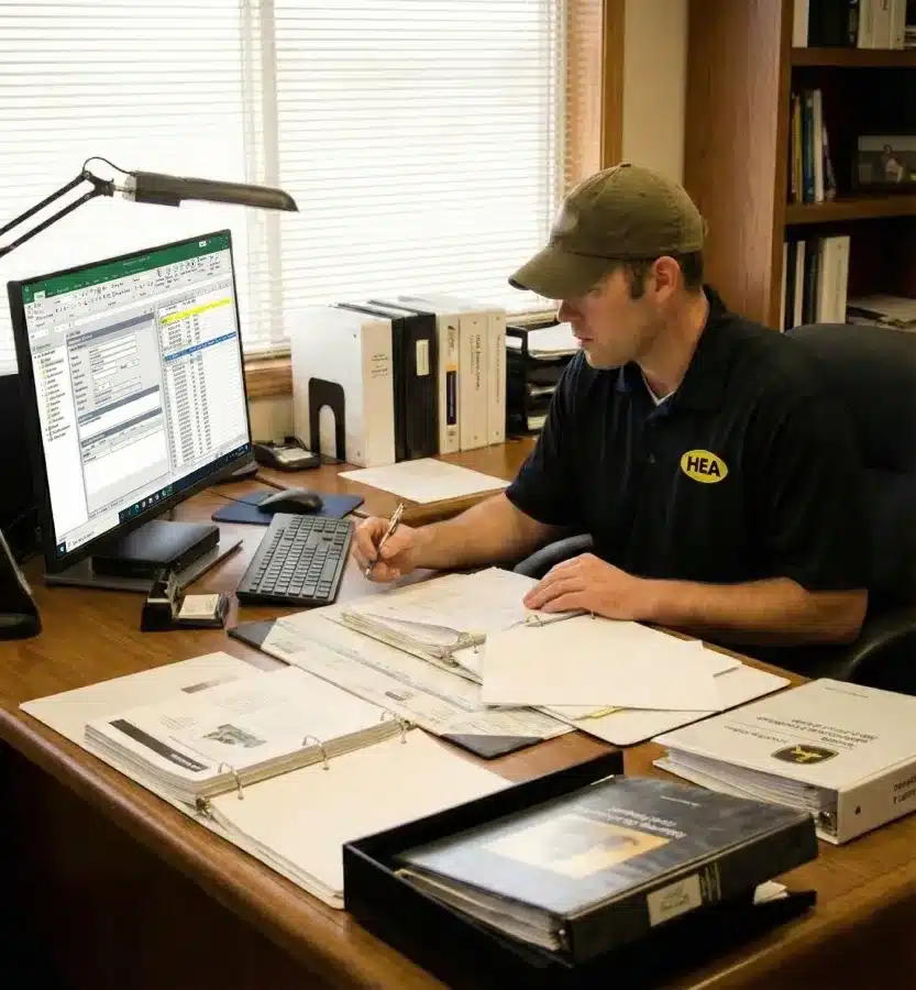 Professional appraiser wearing an Heavy Equipment Appraisal logo shirt, providing expert desktop and online equipment appraisal services for heavy machinery.