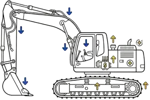 Schematic icon of a left-facing excavator highlighting key structural components that impact appraisal value.