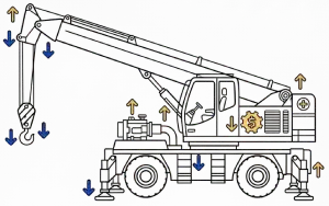 A technical schematic of a mobile crane for heavy equipment appraisal, illustrating key cost and value drivers. Blue downward arrows indicate high-friction wear parts and maintenance cost centers like the hook block and outriggers. Yellow upward arrows highlight value retention centers including the hydraulic boom and powertrain. A central yellow gear icon with a dollar symbol represents the machine’s core residual value, set against a clean white background for financial valuation guides.