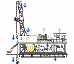 A technical monoline schematic icon of an oilfield drilling rig designed for equipment appraisal and financial valuation. The illustration uses blue downward arrows to identify maintenance cost centers and high-friction wear parts, while yellow upward arrows highlight key value drivers like the powertrain and control systems for residual value assessment.