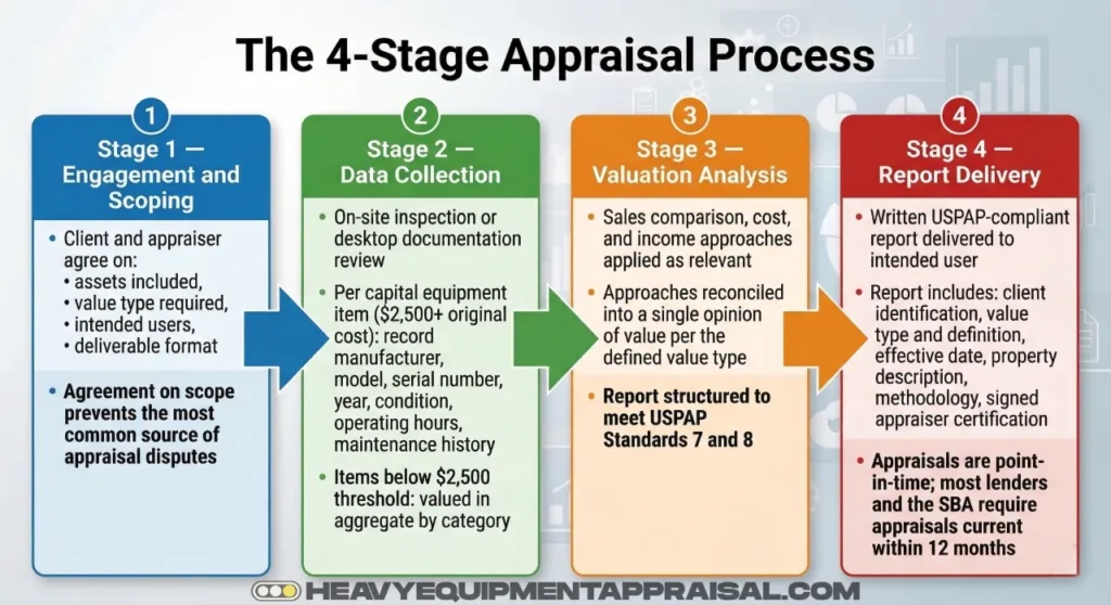 Four-stage sequential process diagram for a heavy equipment appraisal. Stage 1 Engagement and Scoping: client and appraiser agree on assets included, value type required, intended users, and deliverable format; scope misalignment is the most common source of appraisal disputes. Stage 2 Data Collection: on-site or desktop review; for each capital equipment item with original cost of $2,500 or more, the appraiser records manufacturer, model, serial number, year, condition, operating hours, and maintenance history; items below the $2,500 threshold are valued in aggregate by category. Stage 3 Valuation Analysis: sales comparison, cost, and income approaches applied as relevant and reconciled into a single opinion of value per the defined value type, structured to meet USPAP Standards 7 and 8. Stage 4 Report Delivery: written USPAP-compliant report including client identification, value type definition, effective date, property description, methodology, and signed certification; valid approximately 12 months per SBA and most lenders.