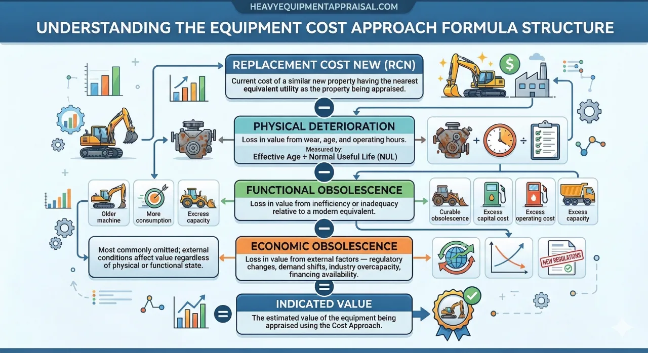 heavy equipment appraisal Cost approach formula diagram showing replacement cost new (RCN) minus physical deterioration, functional obsolescence, and economic obsolescence equals indicated value, with definitions for each component.