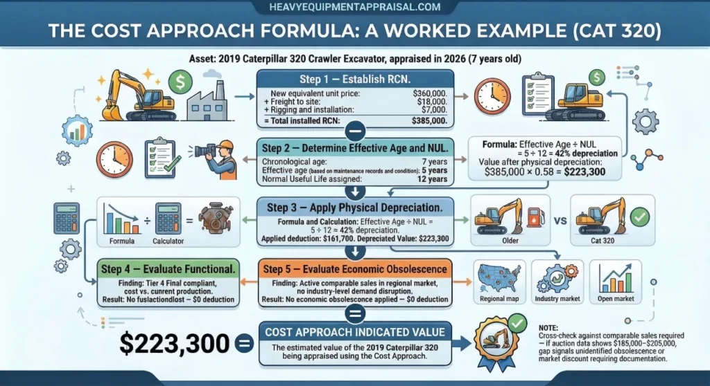 Step-by-step cost approach deduction chain for a 2019 Caterpillar 320 excavator, starting at $385,000 RCN, subtracting 42% physical depreciation to reach an indicated value of $223,300, with functional and economic obsolescence evaluated and found inapplicable.