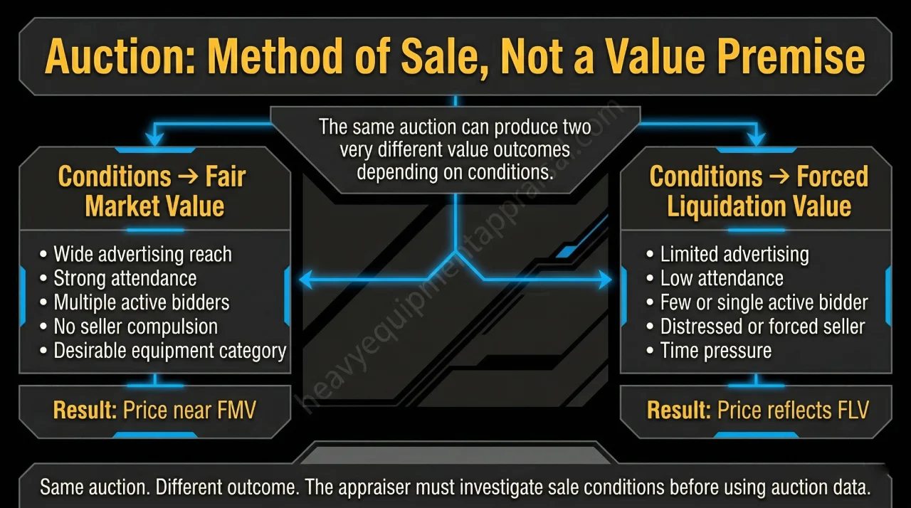 Diagram showing that an auction is a method of sale that can produce either fair market value or forced liquidation value depending on sale conditions, with the determining factors listed for each outcome.