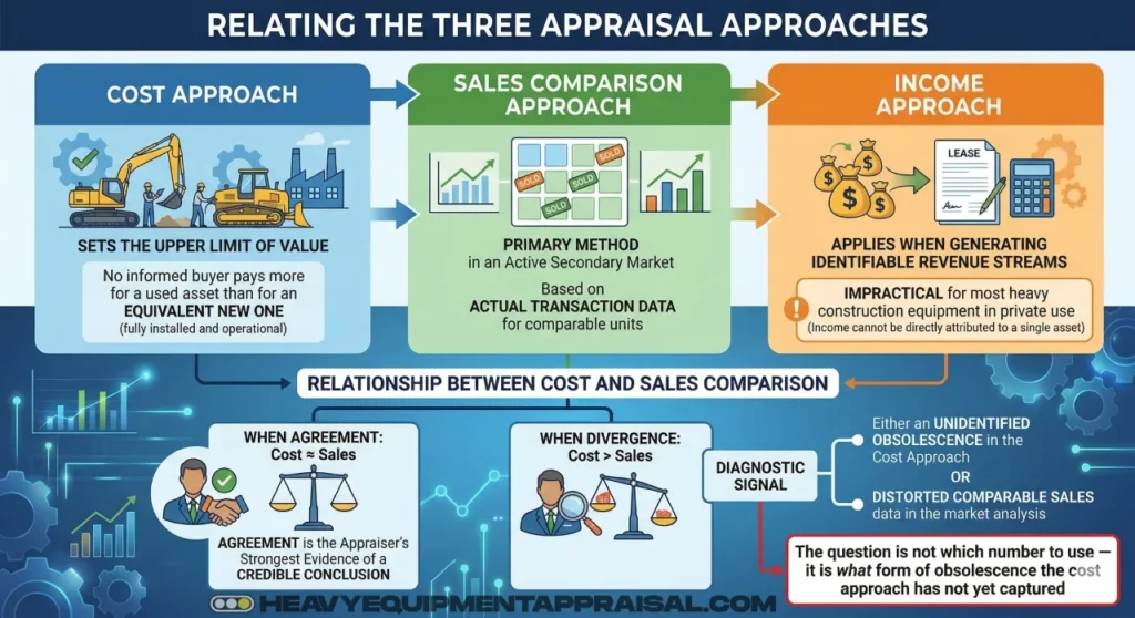 Diagram showing the relationship between the cost approach, sales comparison approach, and income approach in equipment appraisal, with branching logic showing what convergence and divergence between cost and market indications signal about the analysis.