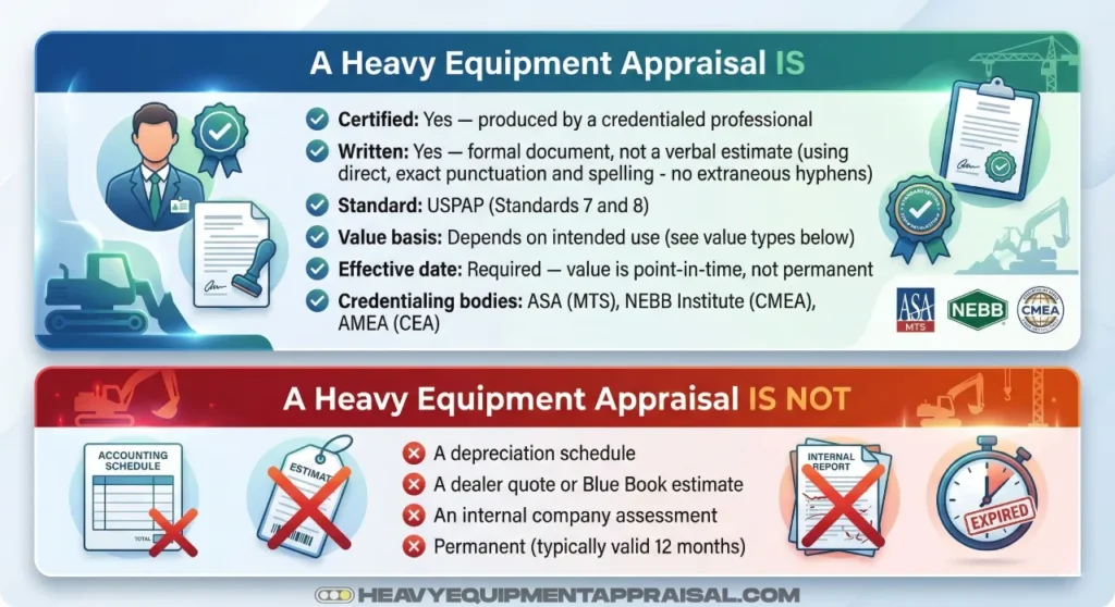 Structured definition card for a heavy equipment appraisal. Left side labeled 'A Heavy Equipment Appraisal Is' lists: certified by a credentialed professional, written formal document, compliant with USPAP Standards 7 and 8, value type determined by intended use, tied to a specific effective date, issued by ASA MTS, NEBB CMEA, or AMEA CEA designees. Right side labeled 'A Heavy Equipment Appraisal Is NOT' lists: a depreciation schedule, a dealer quote, a Blue Book estimate, an internal company assessment, or a permanent document.