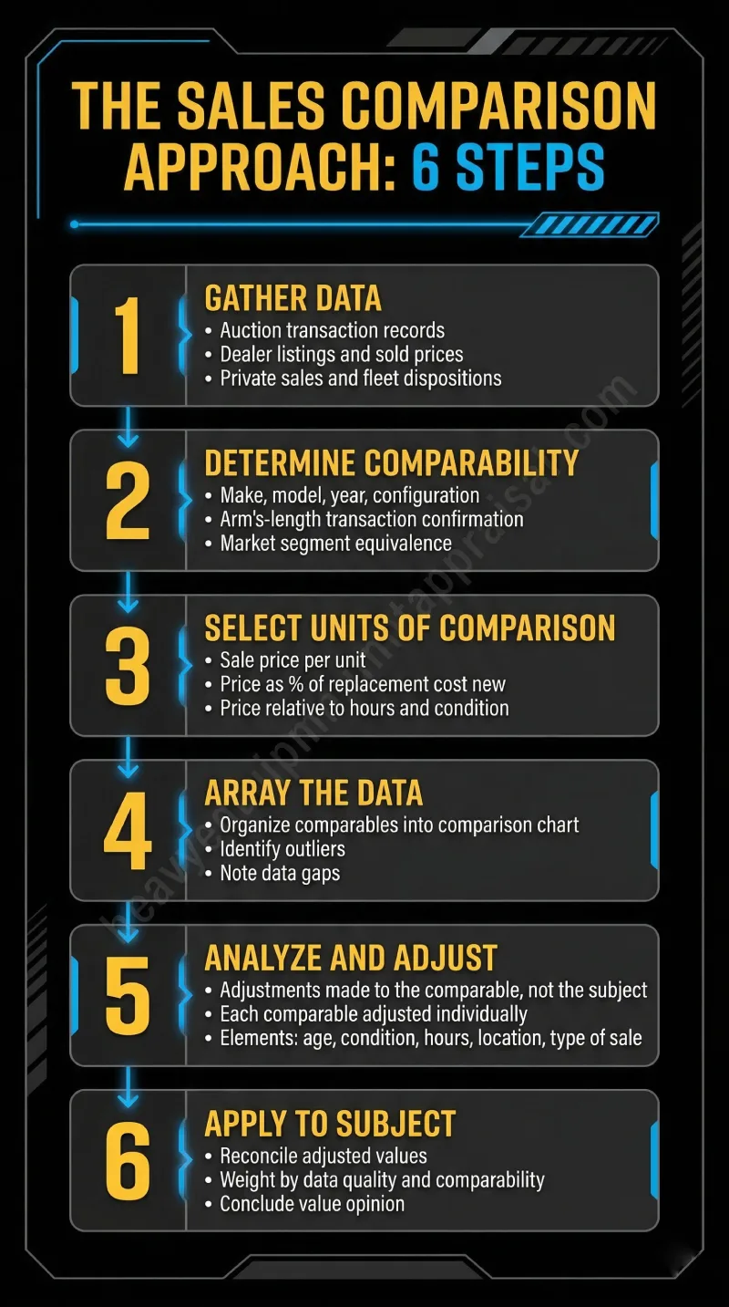 Six-step sales comparison approach process for heavy equipment appraisal, from data gathering through final value conclusion.
