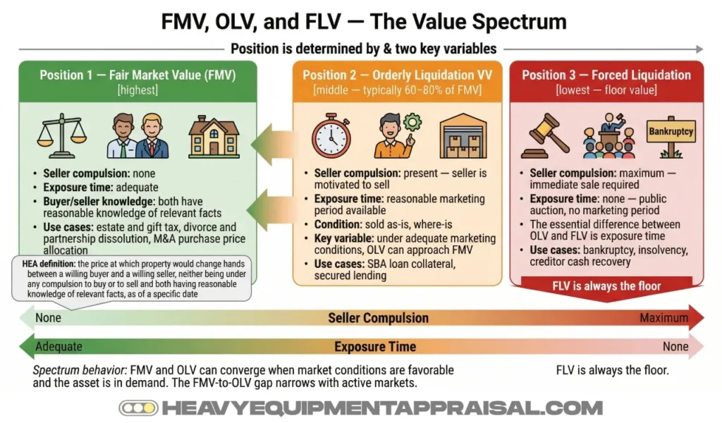 Value spectrum diagram showing three equipment appraisal value standards ordered from highest to lowest recoverable value. At the top: Fair Market Value, assuming no seller compulsion, adequate exposure time, and full market knowledge for both parties; used for estate and gift tax filings, divorce and partnership dissolution, and M&A purchase price allocation. In the middle: Orderly Liquidation Value, typically 60 to 80 percent of FMV, assuming a motivated seller with a reasonable marketing period; sold as-is where-is; used for SBA loan collateral and secured lending; can approach FMV under favorable market conditions. At the bottom: Forced Liquidation Value, always the floor, assuming immediate sale required with no marketing period at public auction; used in bankruptcy and insolvency proceedings. Note: the essential difference between OLV and FLV is exposure time.