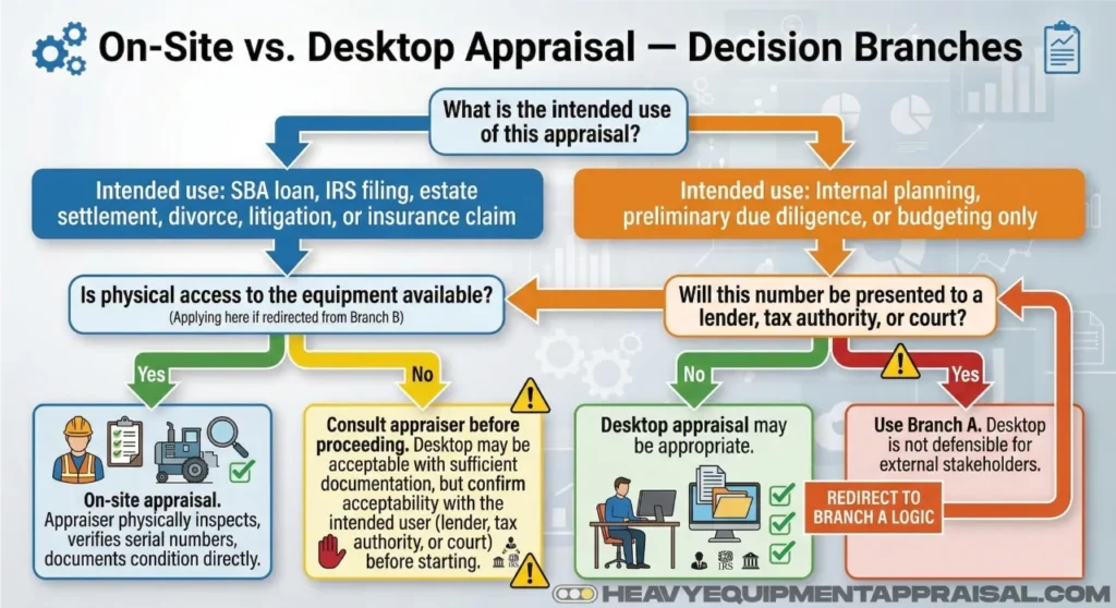 Decision flowchart for choosing between an on-site and a desktop equipment appraisal. Top entry point: what is the intended use? Left branch for external use cases — SBA loan, IRS filing, estate settlement, divorce, litigation, or insurance claim: if equipment access is available, an on-site appraisal is required; if equipment access is unavailable, consult the appraiser and confirm with the intended user whether desktop documentation is acceptable before proceeding. Right branch for internal use only — planning, due diligence, or budgeting: if the number will not be used with a lender, tax authority, or court, a desktop appraisal may be appropriate; if it will be used externally, follow the left branch. Desktop appraisals are not defensible for lenders, tax authorities, or courts.