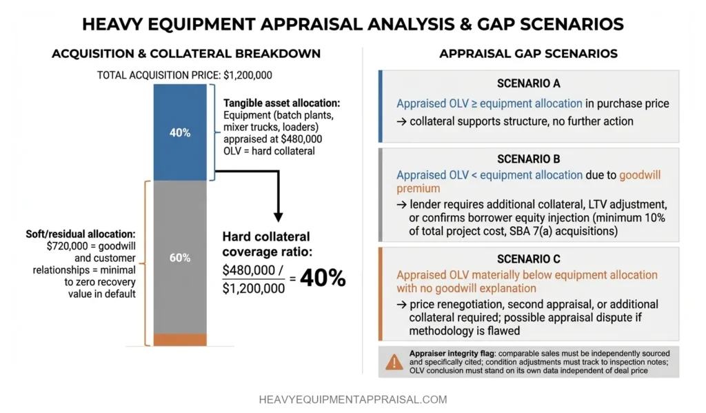 Bar allocation model showing a $1.2 million business acquisition split into $480,000 OLV hard collateral (equipment) and $720,000 soft collateral (goodwill and intangibles), with three labeled gap scenarios describing lender responses when appraised equipment value meets, falls short due to goodwill premium, or falls materially short of purchase price allocation.