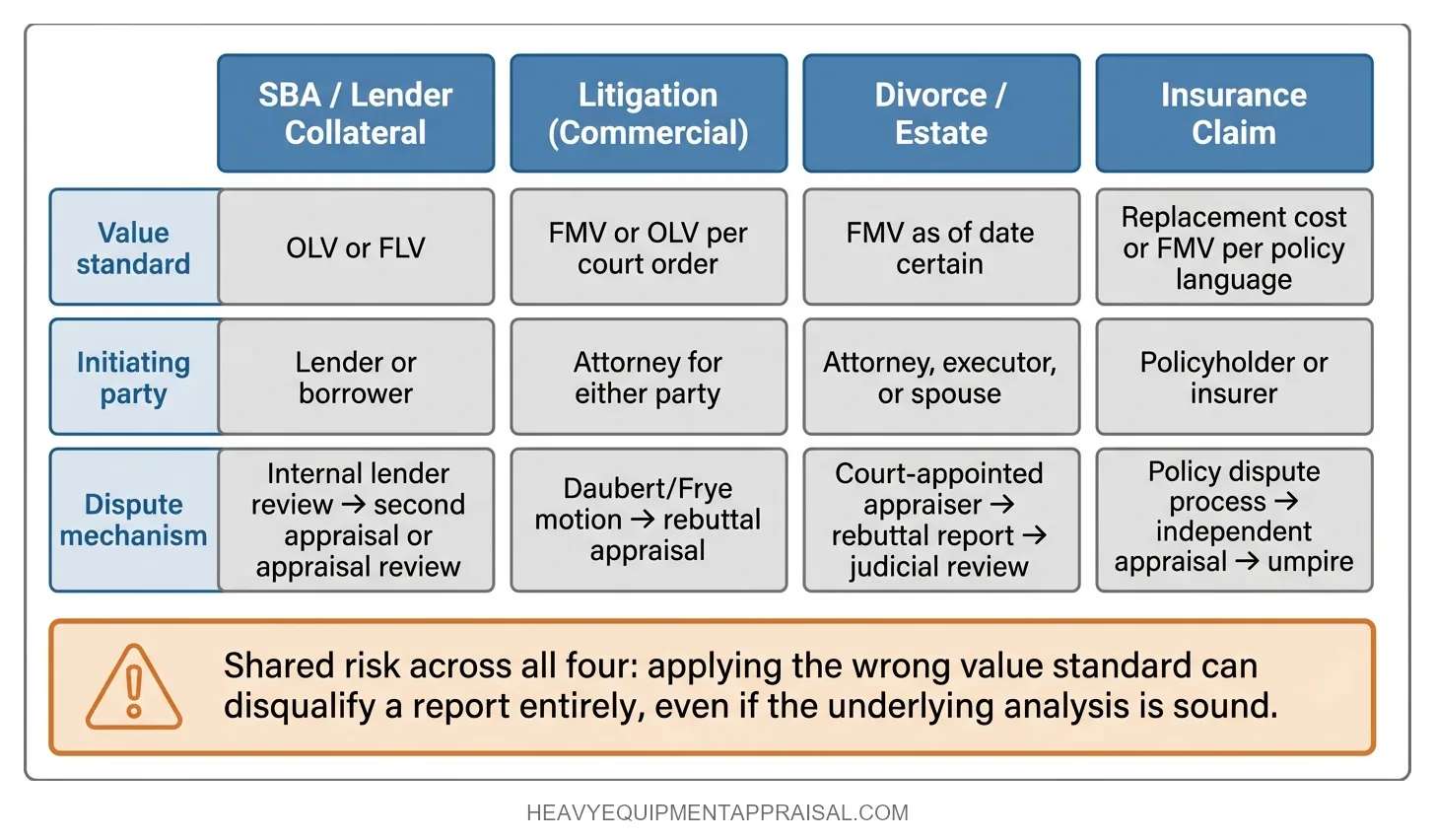 Dispute Grounds by Context — Value Standard, Initiating Party, and Mechanism