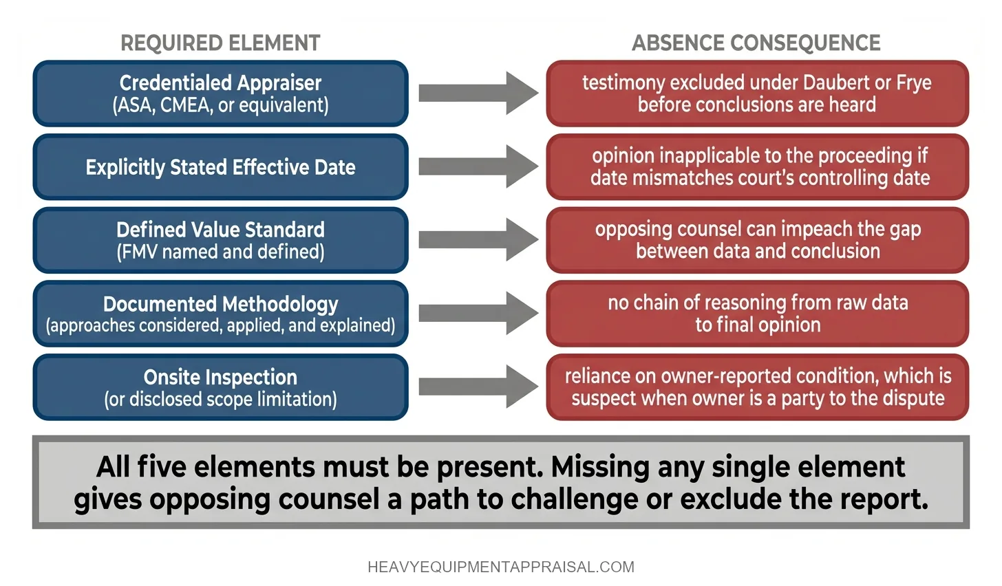 Component breakdown of the five elements required for a legally defensible equipment appraisal in divorce or estate proceedings, showing each element alongside the specific legal vulnerability created by its absence.