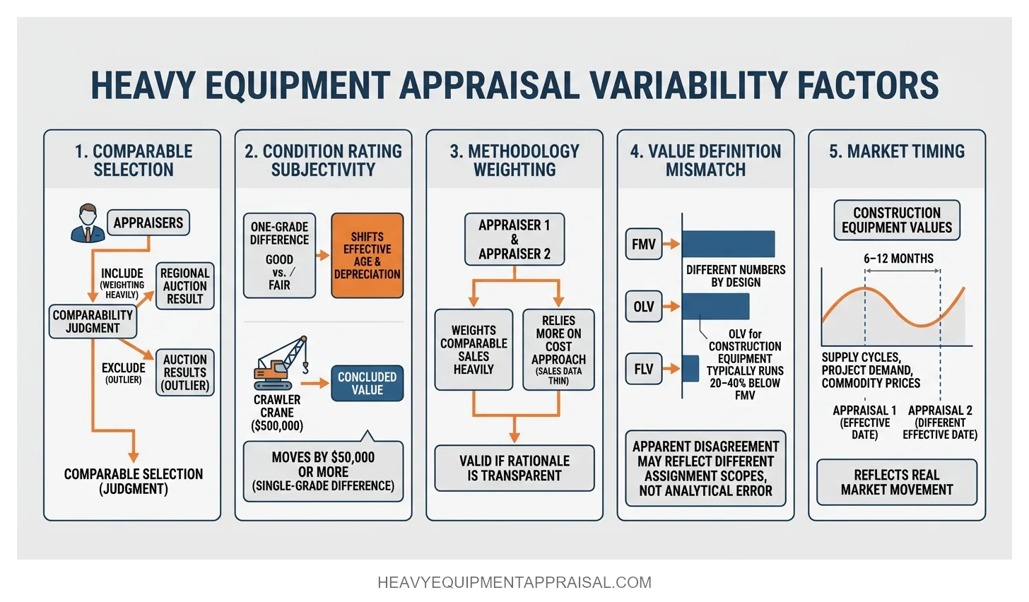 Component breakdown listing five labeled sources of legitimate value divergence between two qualified equipment appraisers — comparable selection, condition rating subjectivity, methodology weighting, value definition mismatch, and market timing — each with a specific example or numeric illustration showing how each factor produces different conclusions without error.