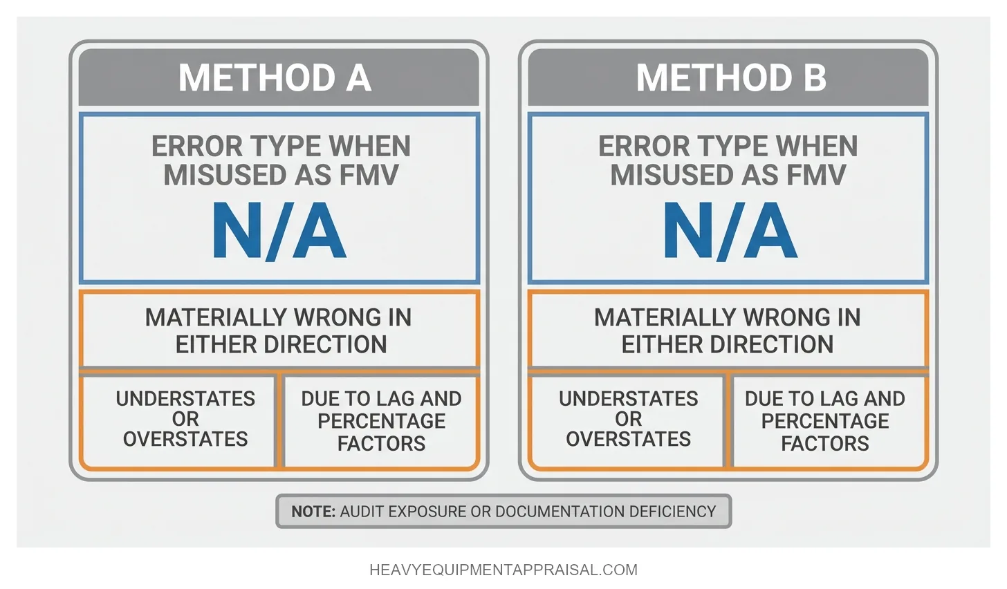 Comparison of fair market value against book value, assessed value, and Blue Book reference guide values across five criteria: definition source, what each measures, whether it accounts for specific asset characteristics, an illustrative dollar example, and whether it is an acceptable FMV substitute in tax, legal, or lending contexts.