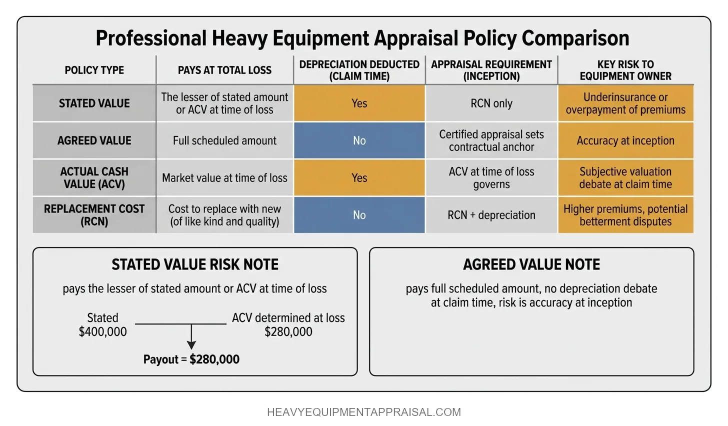 Comparison of four equipment insurance policy structures — replacement cost, actual cash value, agreed value, and stated value — showing depreciation deduction rules, appraisal requirements at inception, and the key financial risk to the equipment owner at claim time for each structure.