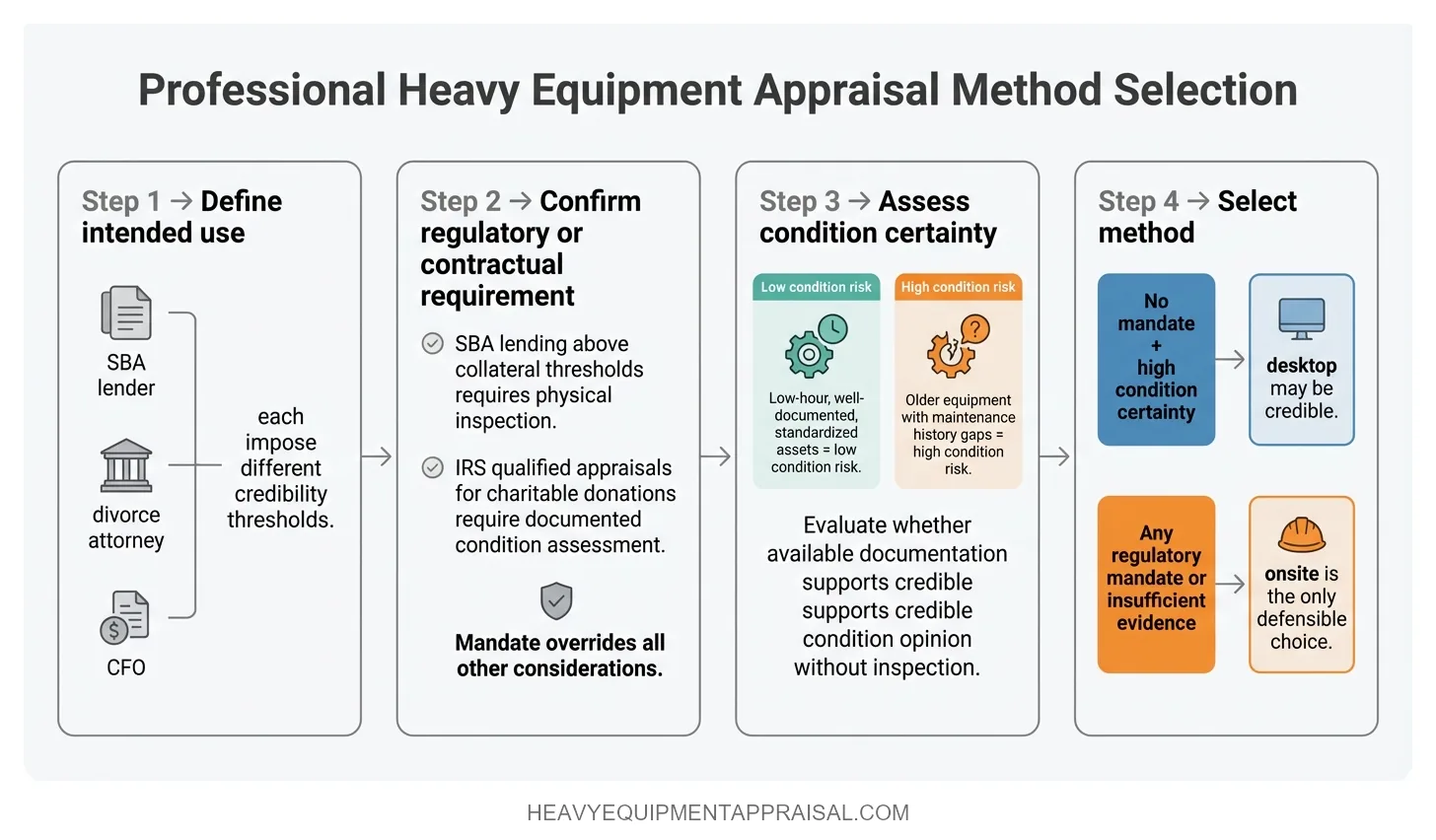 A four-step sequential process showing how to choose between desktop and onsite equipment appraisal methods, moving from defining intended use through checking regulatory mandates and assessing condition certainty to selecting the inspection method that satisfies all three prior steps.