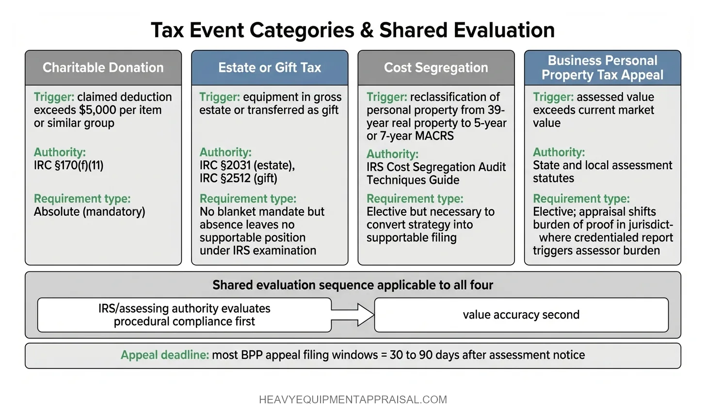 Table of four tax events requiring or strongly supporting certified equipment appraisals — charitable donation, estate and gift tax, cost segregation, and business personal property tax appeal — showing the statutory trigger, governing authority, and mandatory versus elective classification for each.