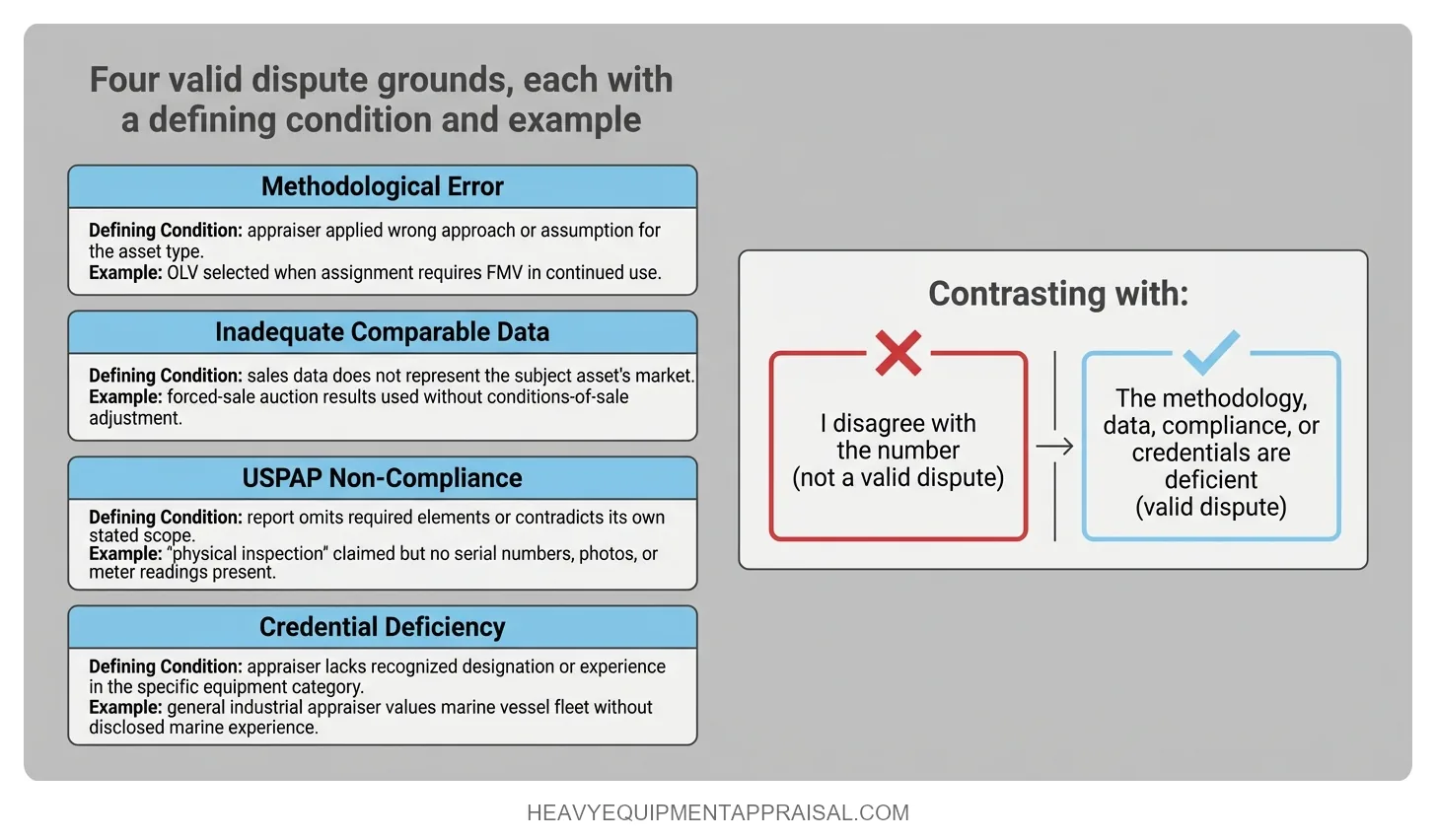 A component breakdown showing four valid grounds for disputing an equipment appraisal — methodological error, inadequate comparable data, USPAP non-compliance, and credential deficiency — each with a defining condition and a concrete example, contrasted against the invalid basis of simply disagreeing with the final number.