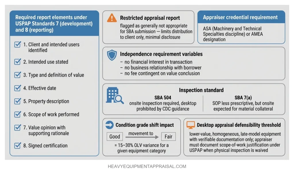 Checklist of eight USPAP-required elements for an SBA-compliant equipment appraisal report, with appraiser credential requirements (ASA or AMEA), independence conditions, and a comparison of SBA 504 mandatory onsite inspection versus SBA 7(a) onsite-preferred standard, noting that condition grade shifts produce 15–30% OLV variance.