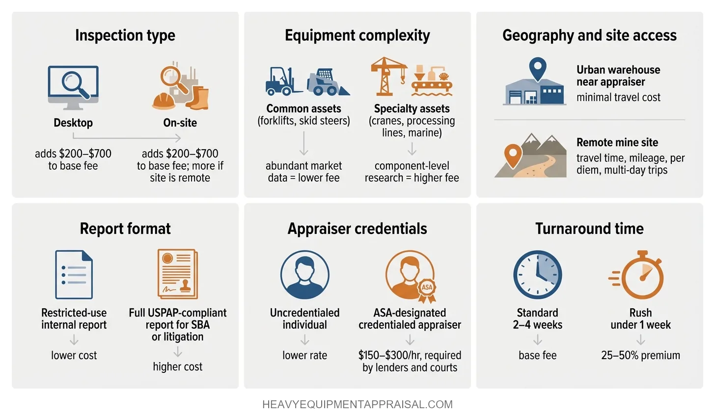 A component breakdown of six variables affecting equipment appraisal cost, showing inspection type, equipment complexity, geography, report format, appraiser credentials, and turnaround time, each with directional cost impact labeled from lower to higher fee.