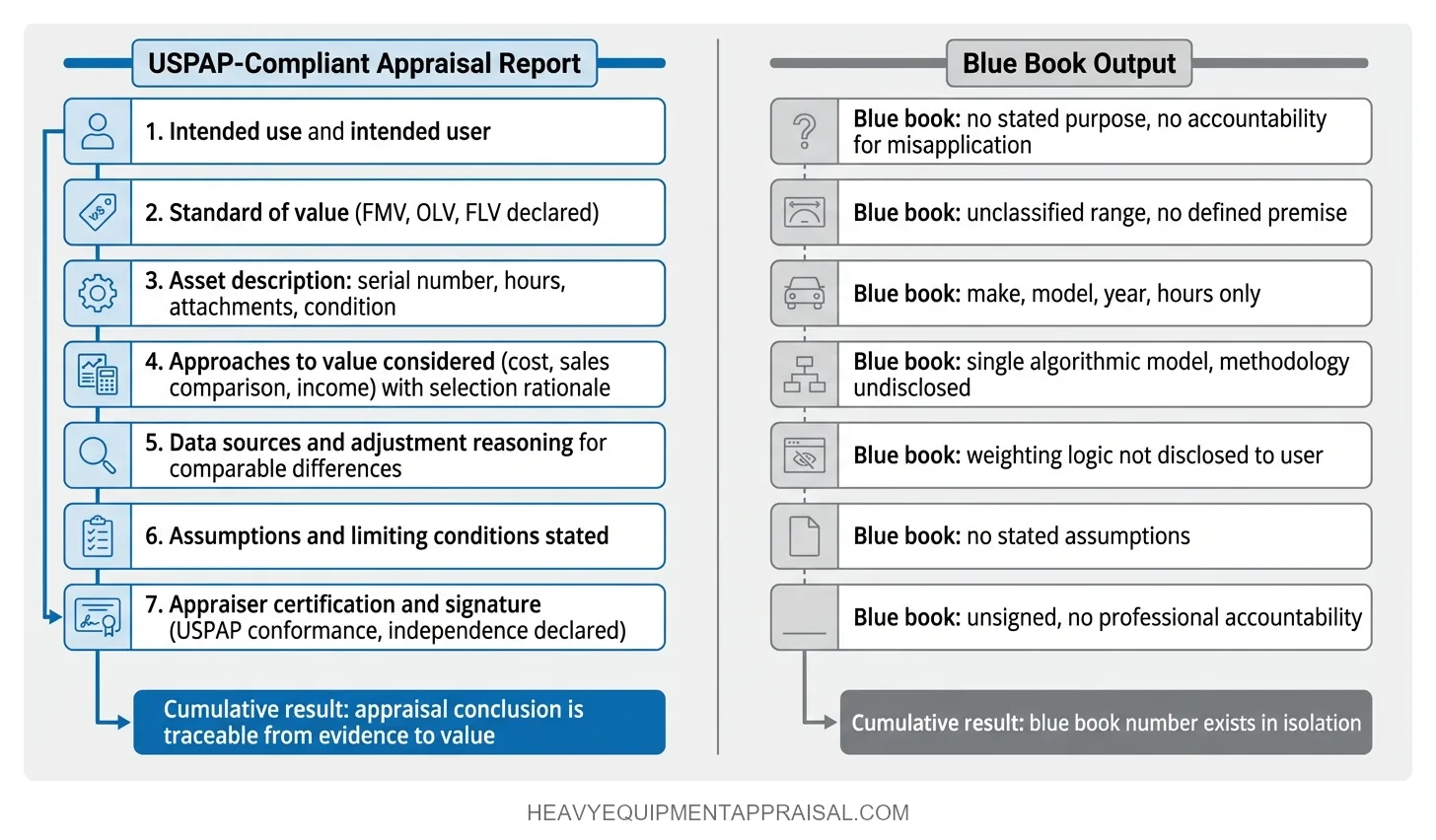 A component breakdown comparing seven elements present in a certified USPAP-compliant equipment appraisal report against the equivalent blue book output, showing that blue book tools lack defined standards of value, adjustment reasoning, stated assumptions, and professional accountability for each component.