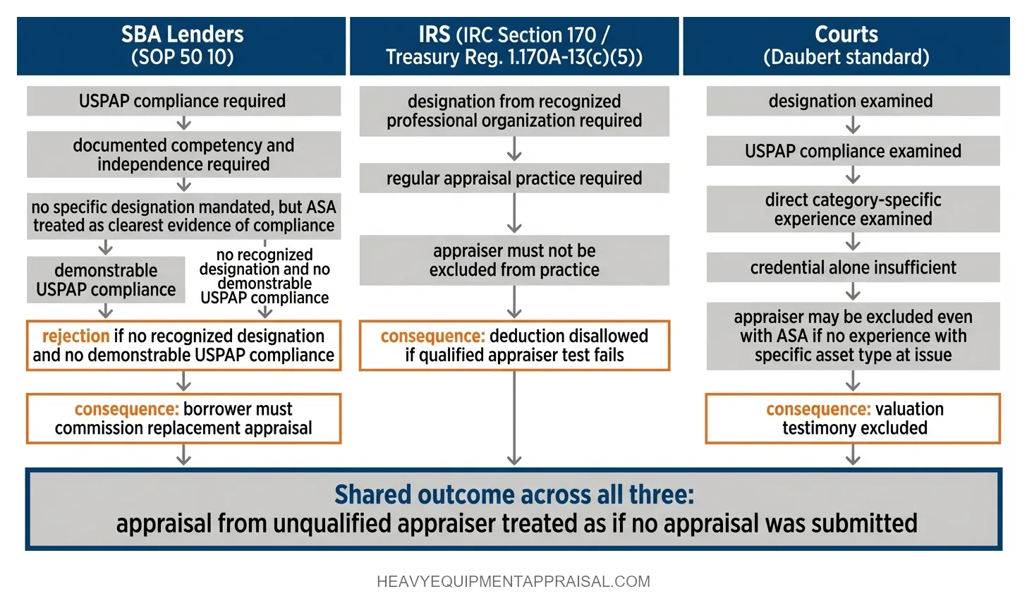 Comparison of equipment appraiser qualification requirements applied by SBA lenders, the IRS, and courts under Daubert, showing each body's specific criteria, the governing rule or standard cited, and the consequence of failing to meet the threshold.