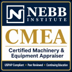 NEBB Institute CMEA designation badge awarded to Rhett Crites, a Certified Machinery and Equipment Appraiser. This designation confirms USPAP compliance, ethics training, and peer-reviewed machinery valuation standards.