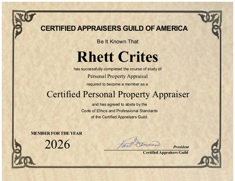 Professional certification for Rhett Crites, principal appraiser at Heavy Equipment Appraisal, as a Certified Personal Property Appraiser through the Certified Appraisers Guild of America (CAGA) for the year 2026.